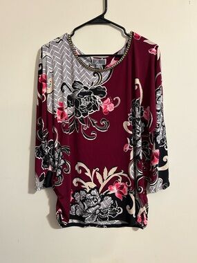 JM Collection women's 1X blouse floral maroon black chain-linked neckline NWT